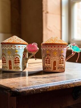 Anthropologie Gingerbread House Stoneware Mugs (2)